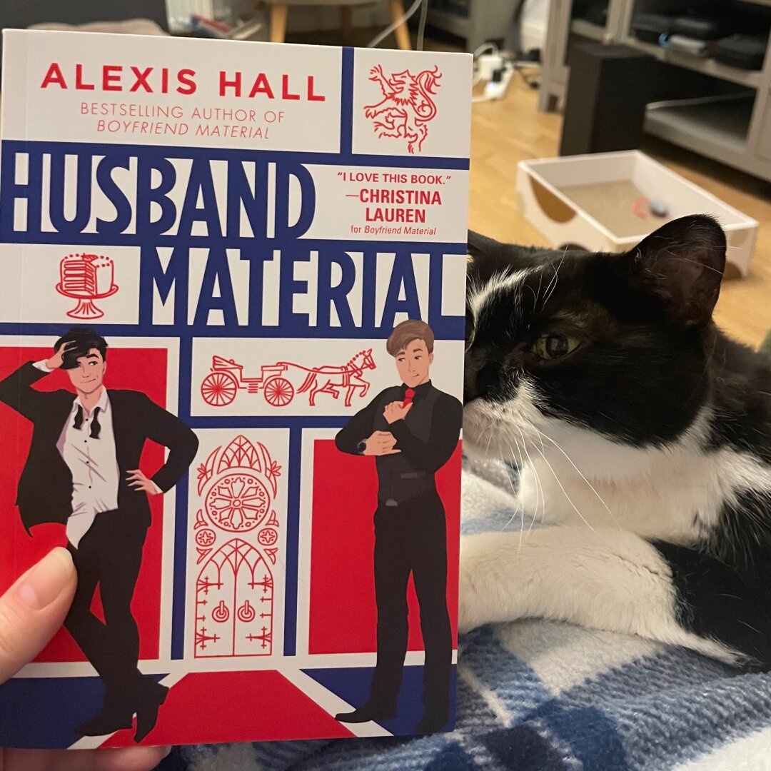 A cute black and white cat is shown with a paperback book.