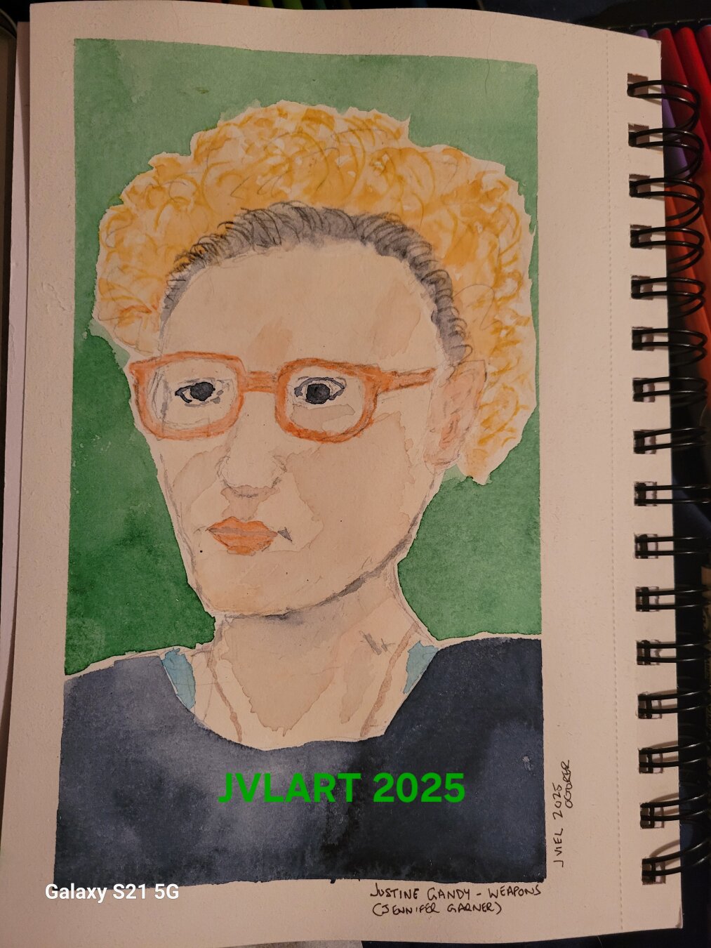 Completed portrait of Julia Garner from movie Weapons she wears orange glasses and a blue shirt and a emerald green background is behind her
