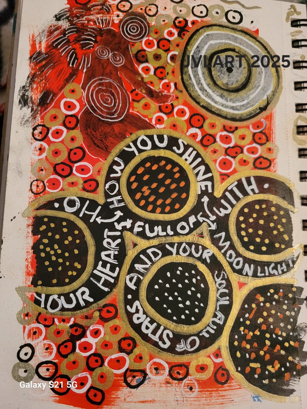 "Oh how you shine with your heart full of moonlight and your soul full of stars" an angel hovers over the saying in the upper left corner with a moon in the upper right corner and the background is full of gold black and white circles over an orange background