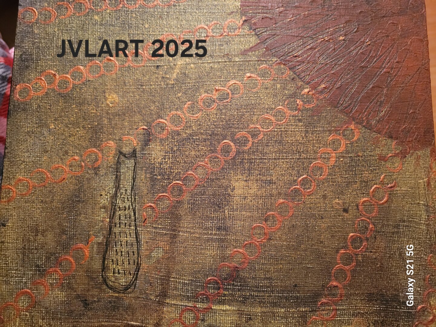 Abstract figure roughly sketched in ink with ink black marks stands against a desolate smoky backdrop.  A blood red sun dominates the sky on the right radiating copper beams