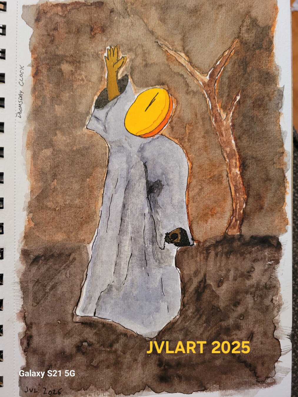 A Grey robed figure has a vibrant orange Clock for a head, reading a few minutes to midnight, hand upstretched as if preaching.  A dying tree stands against a drab brown sky, the ground is barren
