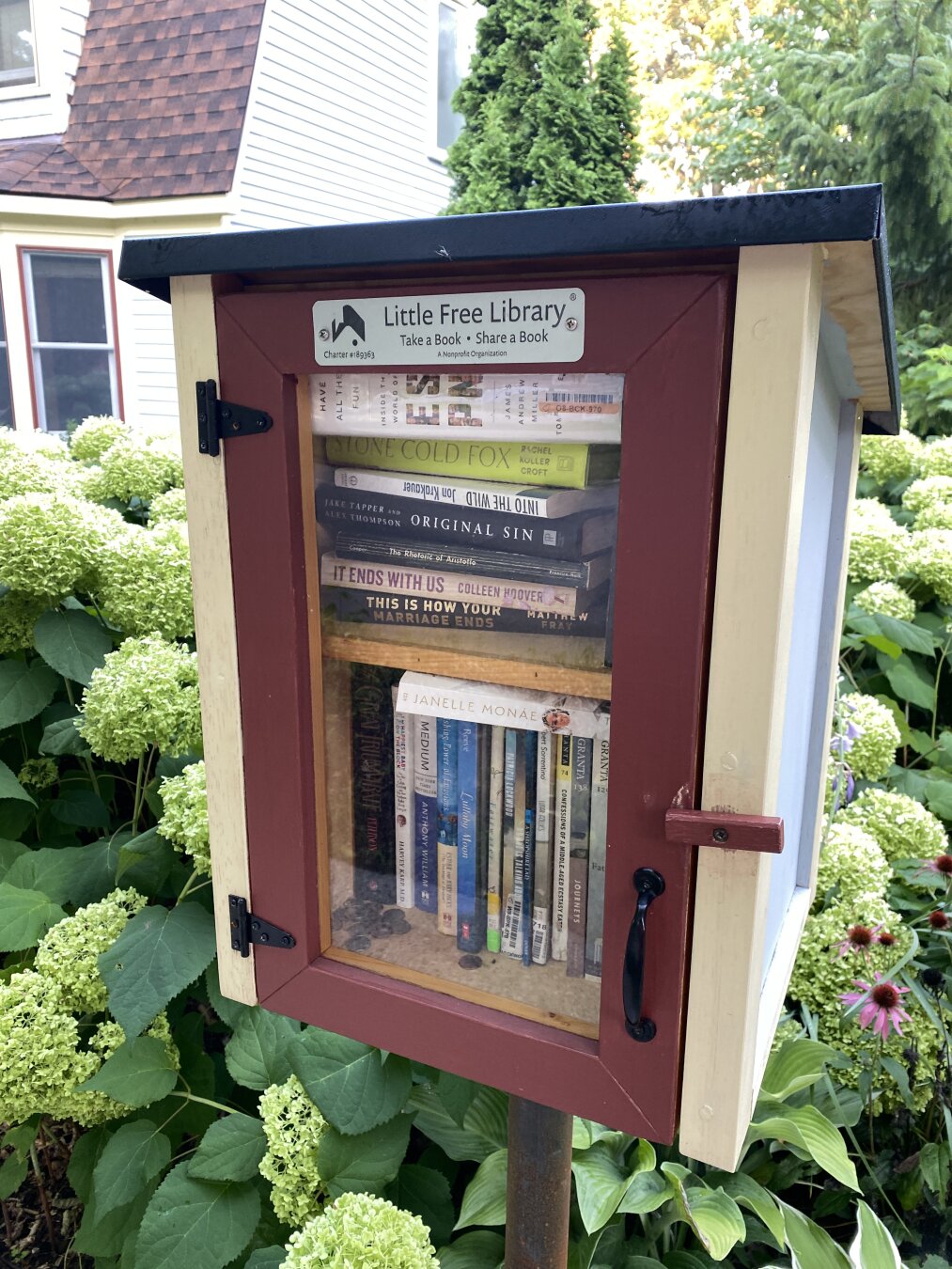 Little Free Library charter #189363, which is a fairly large wooden box with a door on a pole so it reaches shoulder-height. It has a cream-colored base, and a dark mahogany colored door with a glass pane showing a selection of books available for taking.