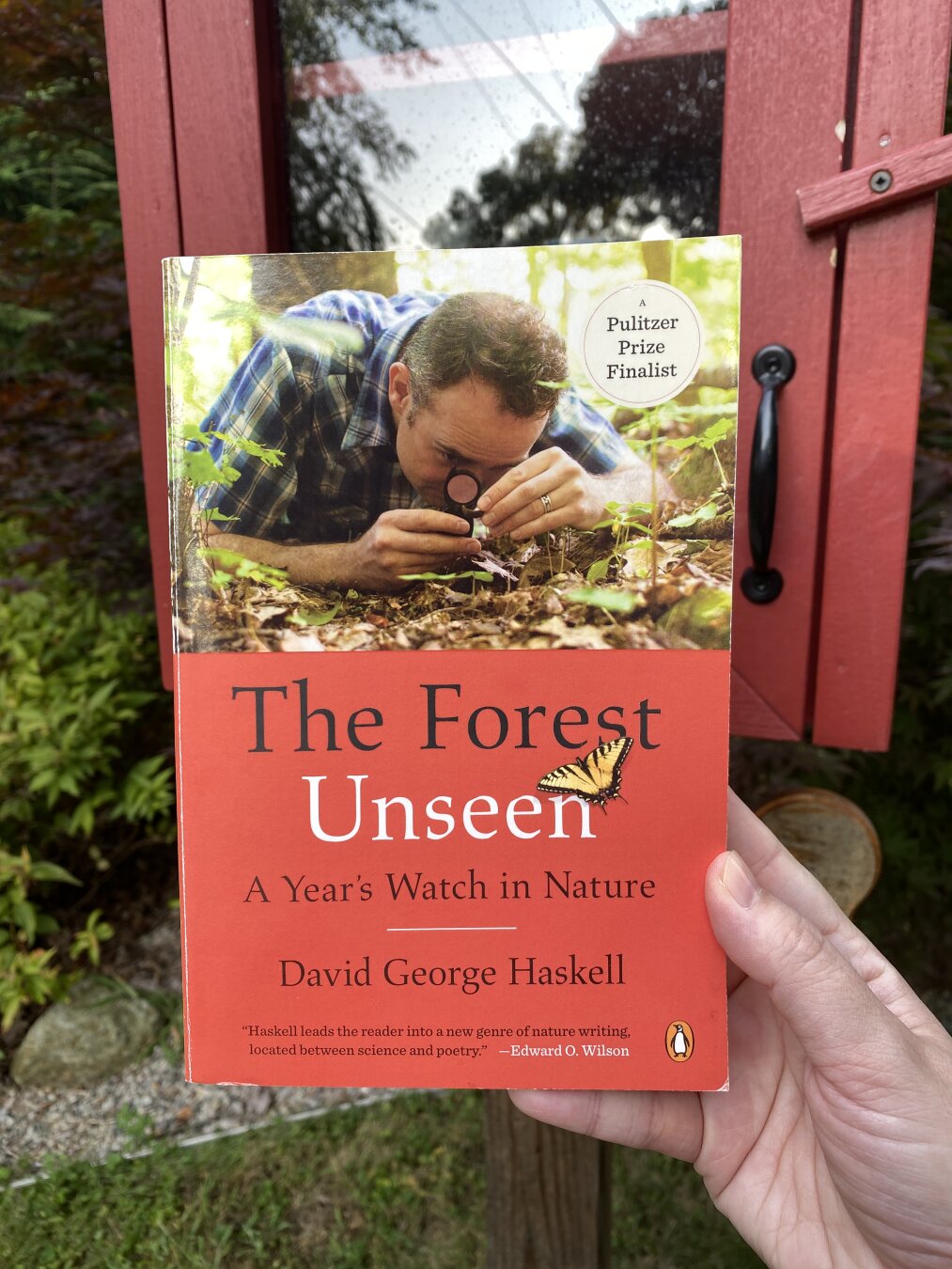 Hand holding up a book in front of a Little Free Library box. The book is David George Haskell's The Forest Unseen.