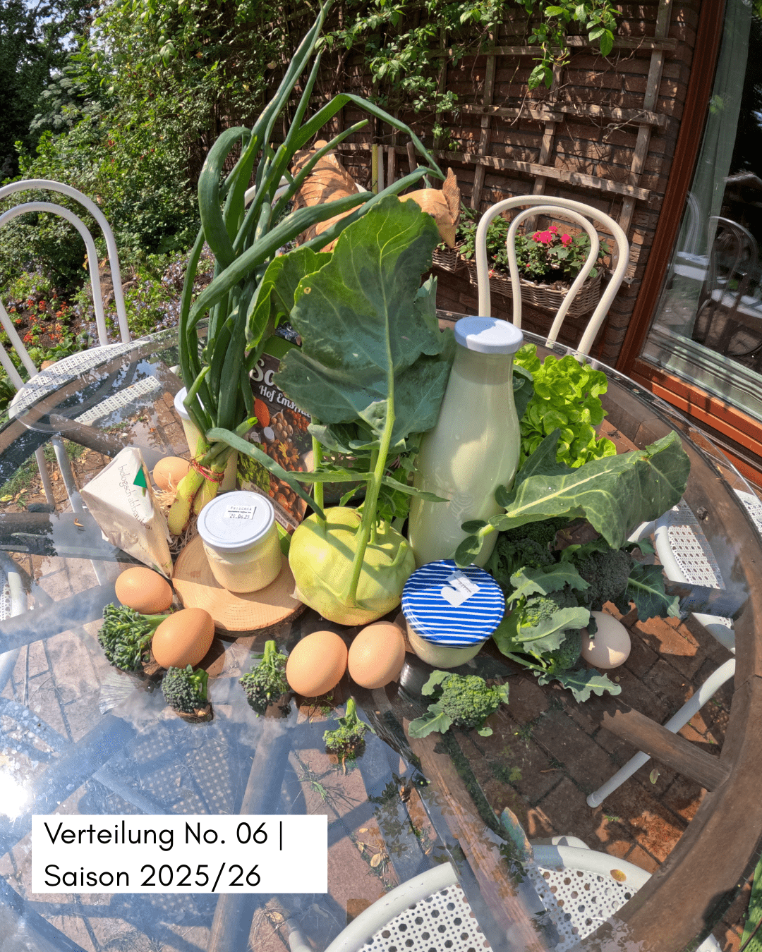 Saisonaler Ernteanteil mit verschiedenen Gemüsesorten und Milchprodukten auf einem runden Glastisch