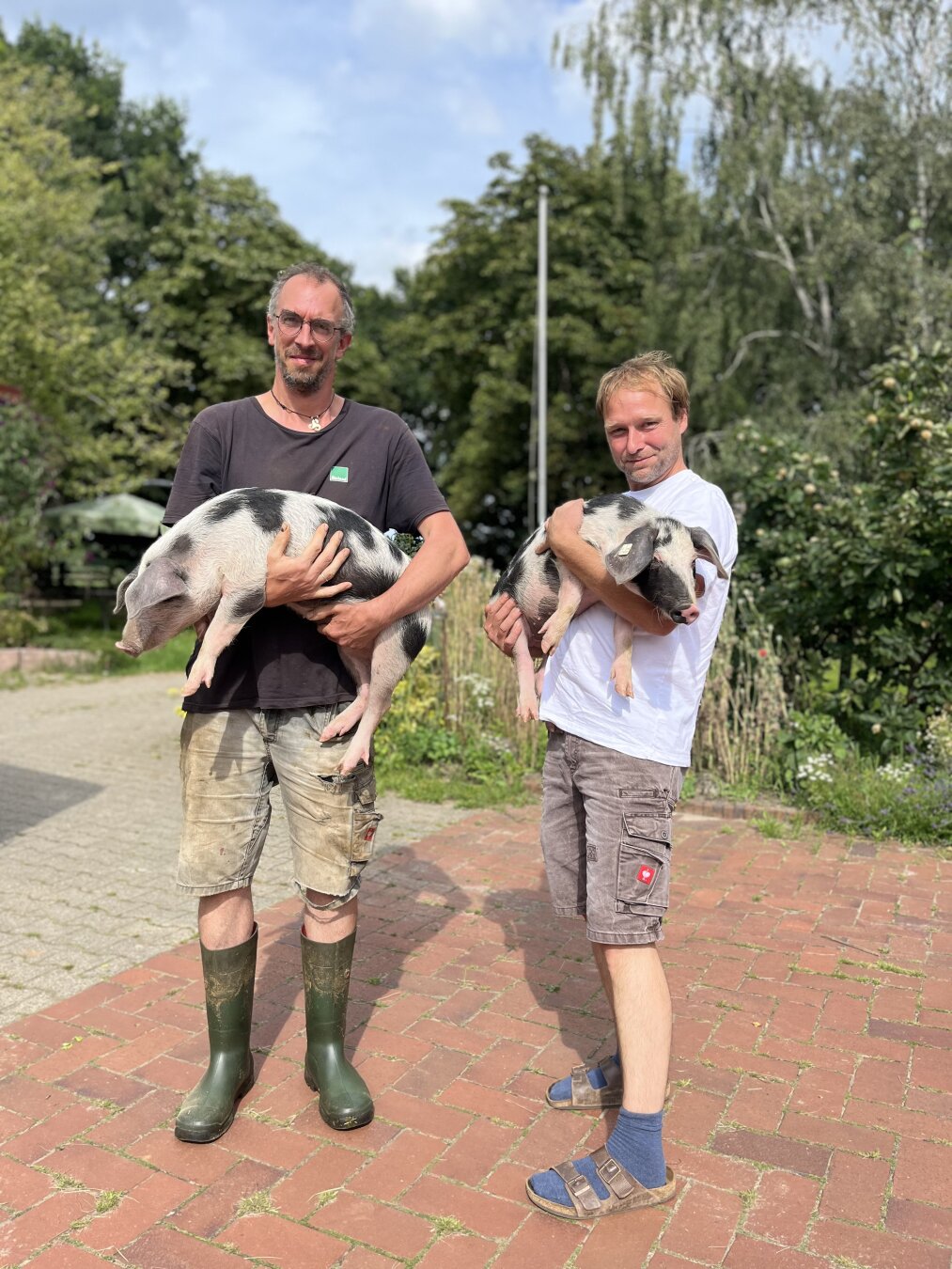 Zwei Menschen halten jeweils ein kleines Schweinchen auf dem Arm