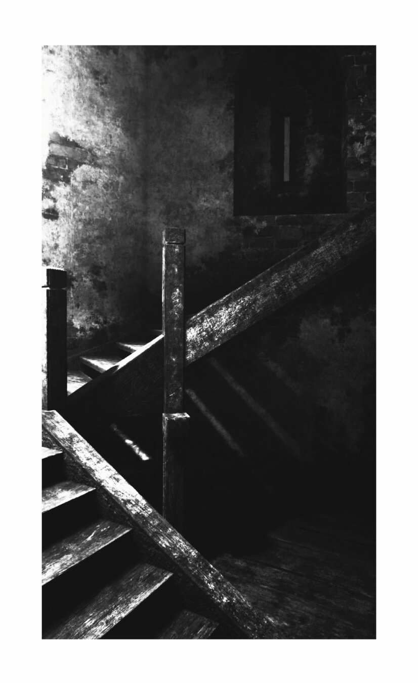 vertical, cropped and framed screenshot, in black & white; captured on PS5; castle stairwell, light wood grain and dark exposed brick, light source from upper left creating diagonal shadows through the slats