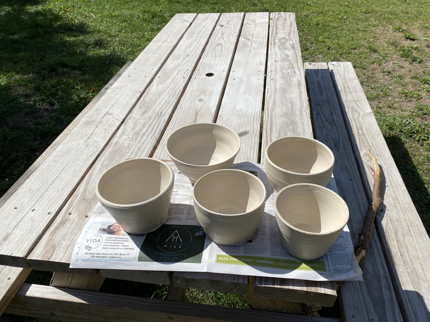 Photo of 5 white clay planters on a board in the sun.