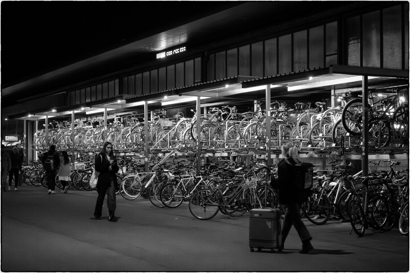 Nächtliche Szene vor einem überdachten, mehrstöckigen Fahrradparkhaus an einem Bahnhof der SBB in schwarzweiss. Im Vordergrund queren mehrere Reisende den Perron, zwei davon mit Gepäck bzw. einem Rollkoffer, während im Hintergrund Dutzende abgestellte Fahrräder unter der Beleuchtung der Überdachung zu erkennen sind.