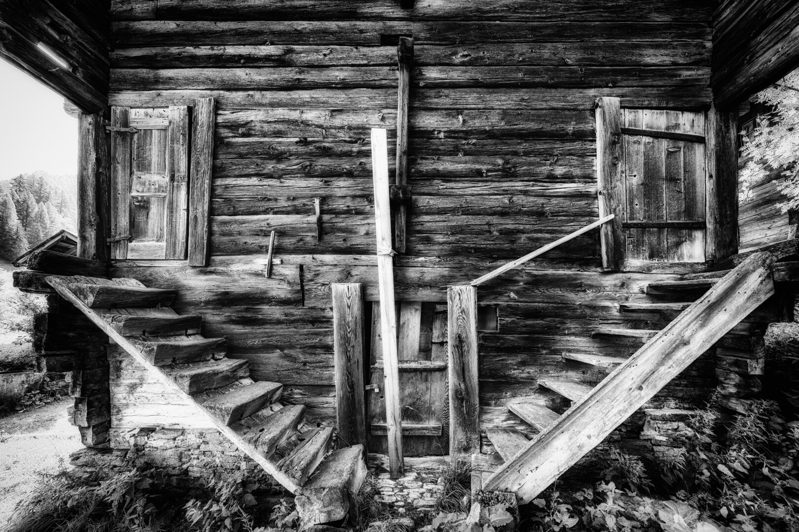 Eine stark verwitterte, dunkle Holzfassade eines traditionellen Walliser Stadels dominiert das kontrastreiche Schwarzweissbild. Zwei symmetrisch angeordnete, hölzerne Treppenstufen führen von links und rechts schräg nach oben zu zwei kleinen, geschlossenen Türchen aus Holz. In der Mitte teilt ein vertikaler Holzbalken die Fassade, während im unteren Bereich eine kleine, rustikale Holztür erkennbar ist. Am Boden spriessen wilde Pflanzen und Gräser empor, die den Charakter des alpinen Gebäudes unterstreichen.