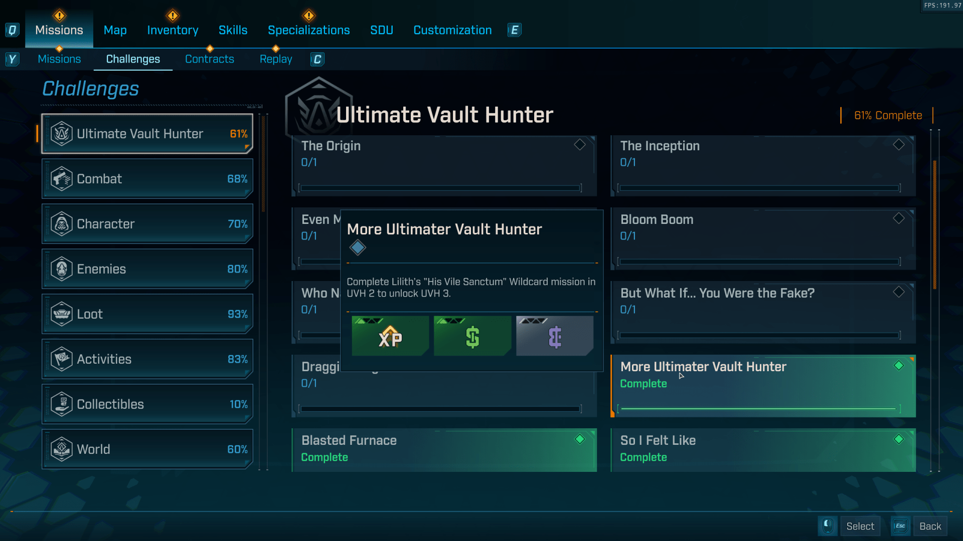 Screenshot aus dem Spiel Borderlands 4. Die Benutzeroberfläche zeigt das Menü "Herausforderungen" mit dem Bereich "Ultimate Vault Hunter". Darunter sind verschiedene Missionen aufgelistet, darunter "The Origin", "The Inception", "Bloom Boom" sowie den Hinweis, dass die Herausforderung "More Ultimate Vault Hunter" abgeschlossen ist. Die Missionspunkte und Fortschritte werden deutlich angezeigt.