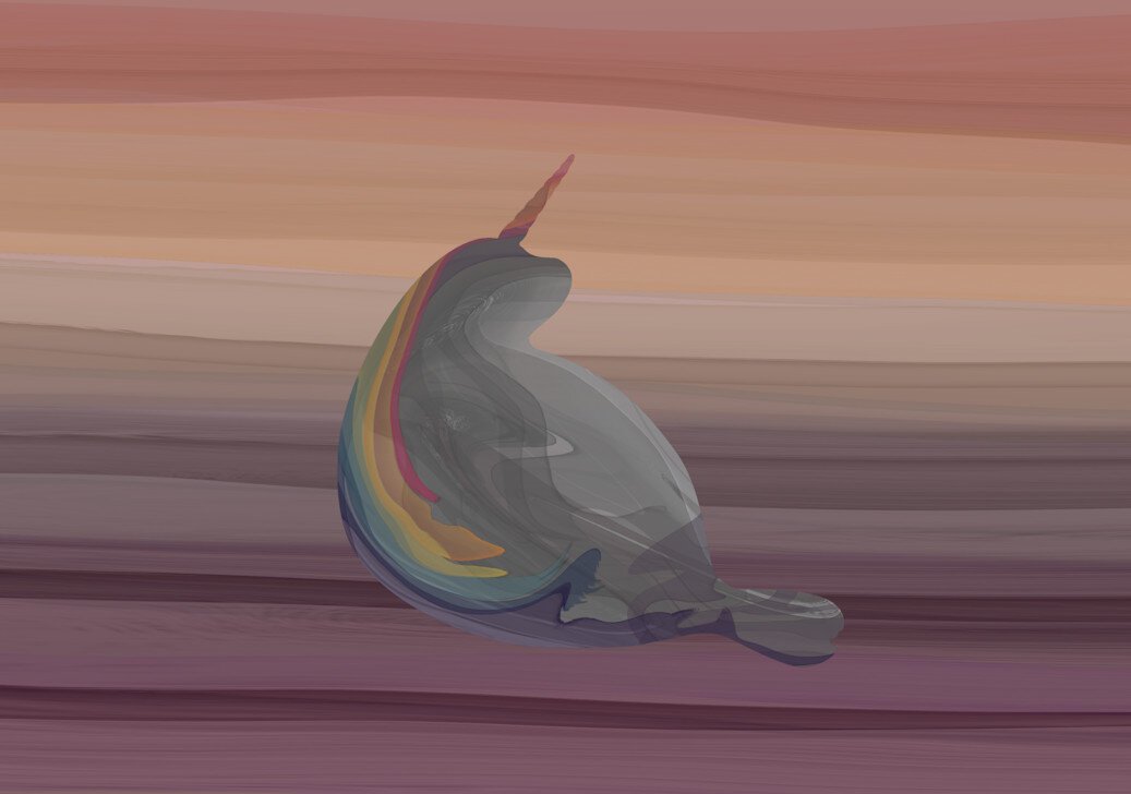 An abstract gray seal with a unicorn horn and rainbow colours. Monochomatic background with water colour stripes in darker peach tones and purples.