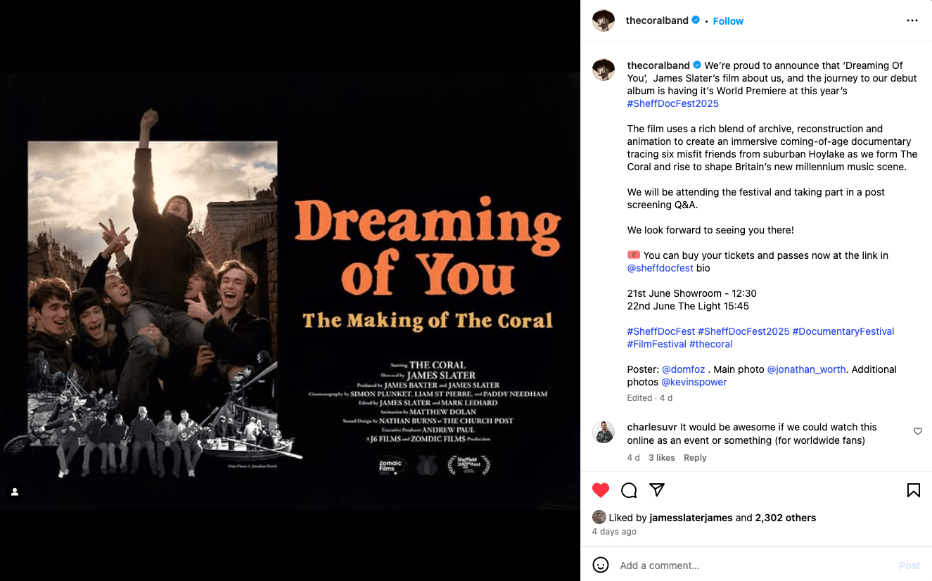 image is a screen grab from an instagram post by the official band account for The Coral. Post show the band in their early days in an alleyway reconstructiung the England World Cupo winning scene where one member is lifted above the rest in a jubliant celebration.