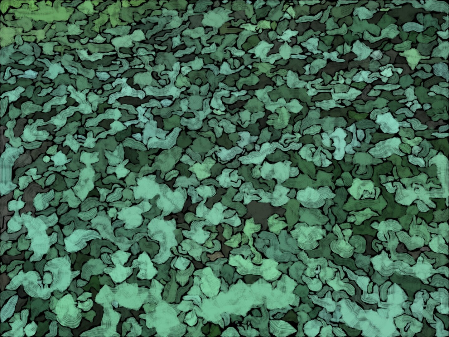 Abstract image of green brush-like shapes on a black background.  The shapes are different shades of green, giving the impression of a field of clovers.