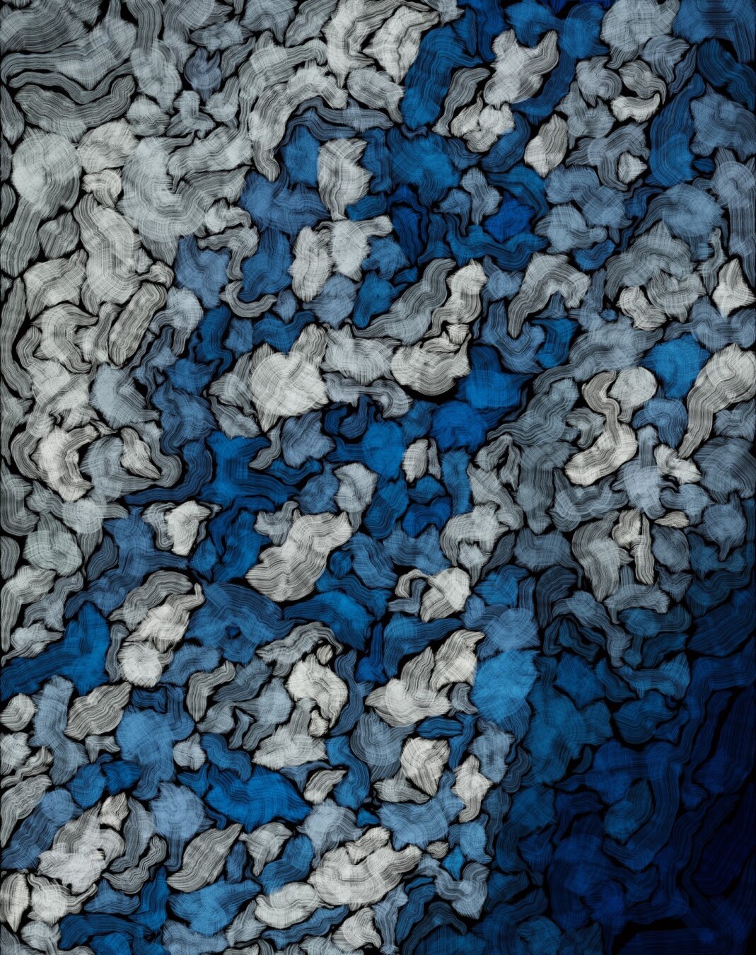 Abstract image of clouds in a blue sky.  The background is black, and shapes are made with a brush-like texture, in colors of white and blue, with different levels of brightness.