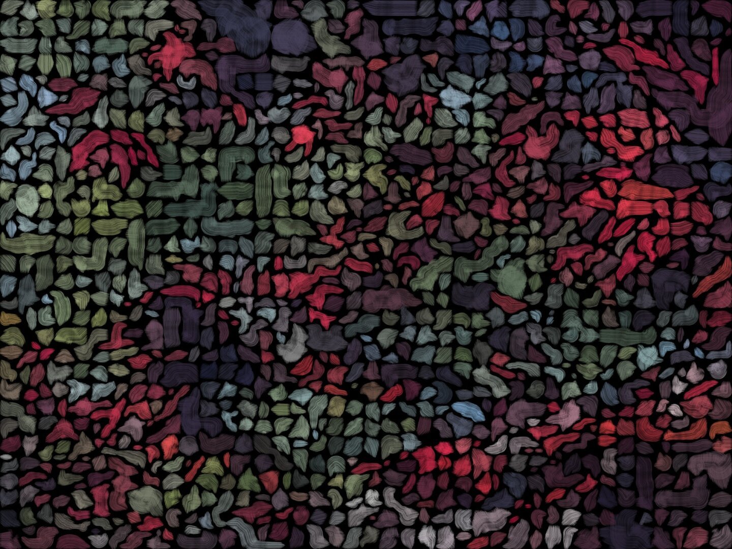 Abstract image of greens, reds, blues, and black illustrating red and green leaves against a blue sky.