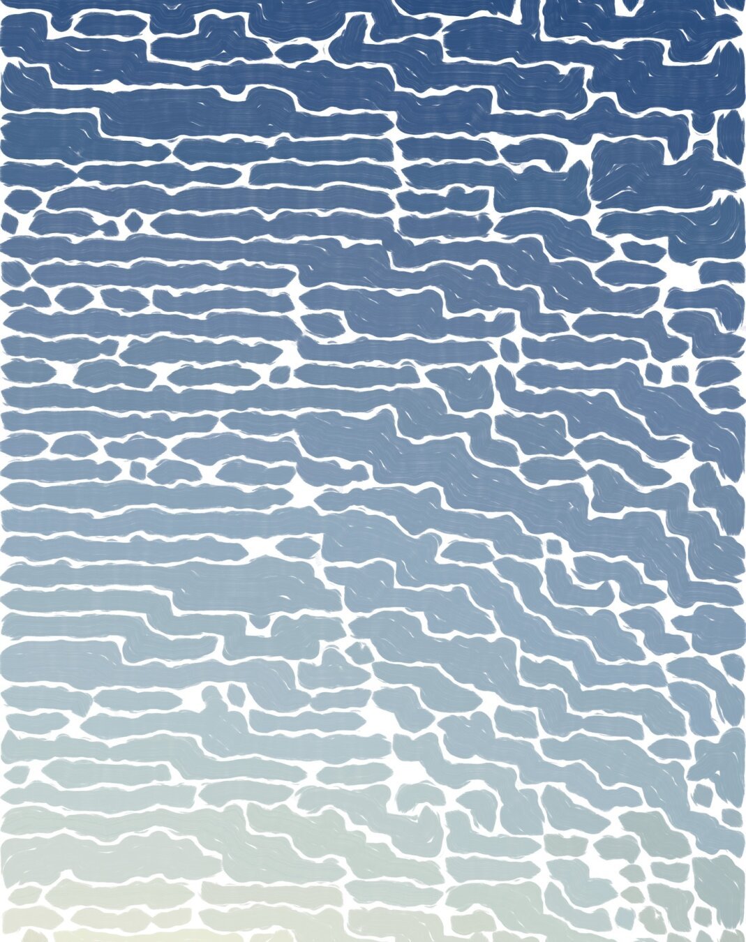 Blue shapes on a white background, where the shapes get lighter in color closer to the bottom left of the image.  Each shape is composed of brush-like lines of color.