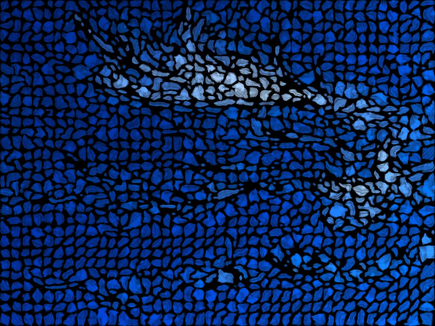 Abstract image of blue and whitish shapes on a black background, where the shapes are composed of brush-like textures.  The overall image appears to show some clouds in a blue sky.