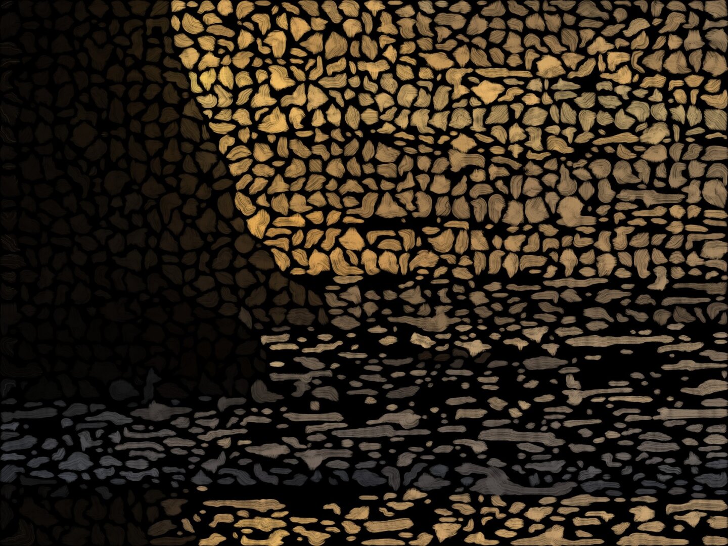 Abstract image of yellow, orange, and brown shapes on a black background. The shapes illustrate a scene at sunset looking out over the ocean, with the left side of the image dominated by a large rock in silhouette.