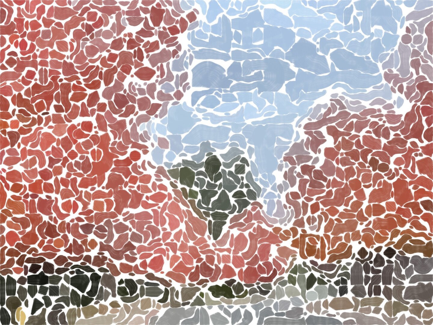 Abstract image of rounded shapes on a white background.  The shapes are largely red, illustrating trees whose leaves are turning callers in Fall, with some green shapes (for trees that have not yet turned) and blue shapes for the sky seen between the trees.