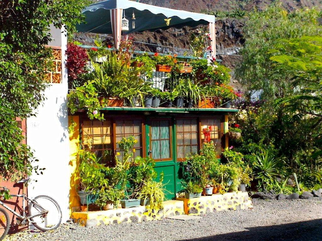 A small house in front of a lava-grey rock.
A green door with a window and two windows on the right and left.
On top of the house is a roof terrace with a weatherproof fabric canopy. In front of the house are lots of pots with green plants. On the right are trees and on the left is a bicycle.

A small house in front of a lava-grey rock.
A green door with a window and two windows on the right and left.
On top of the house is a roof terrace with a weatherproof fabric canopy. In front of the house are lots of pots with green plants. On the right are trees and on the left a bicycle.