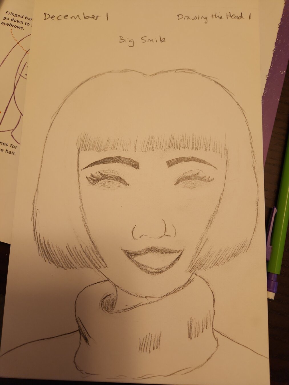 Pencil sketch of a smiling woman with a bob haircut & a fluffy turtle neck sweater. Her eyes are closed & she has big eyelashes & dark eyebrows.