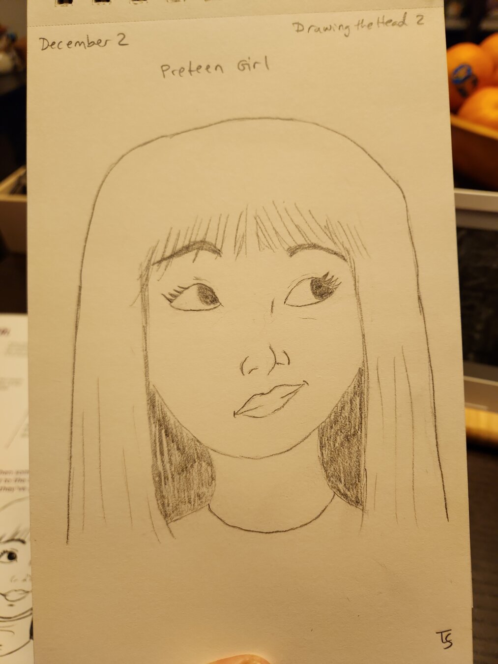 Pencil sketch of the head of a "preteen girl." She has, straight, long fair hair and is looking up and to the right with a thoughtful? expression. The original was to look thoughtful, but I feel like my girl looks concerned with her mouth quirked up like it is.