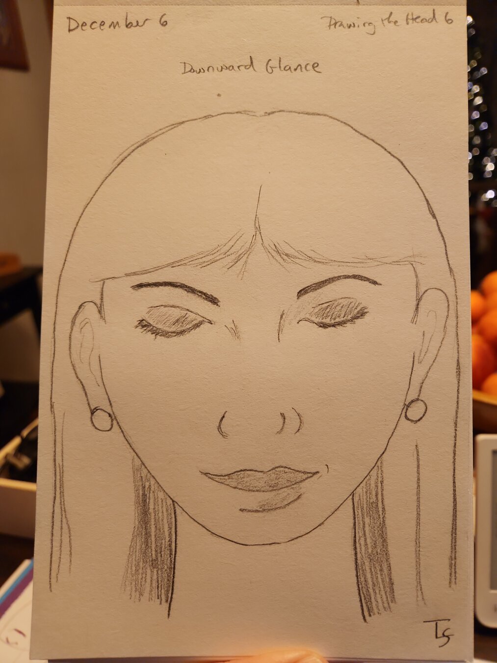 Pencil sketch of a woman with a "downward glance." Her eyes are closed & she has some eyeshadow on and long hair and circular earrings. No turtleneck sweater today!