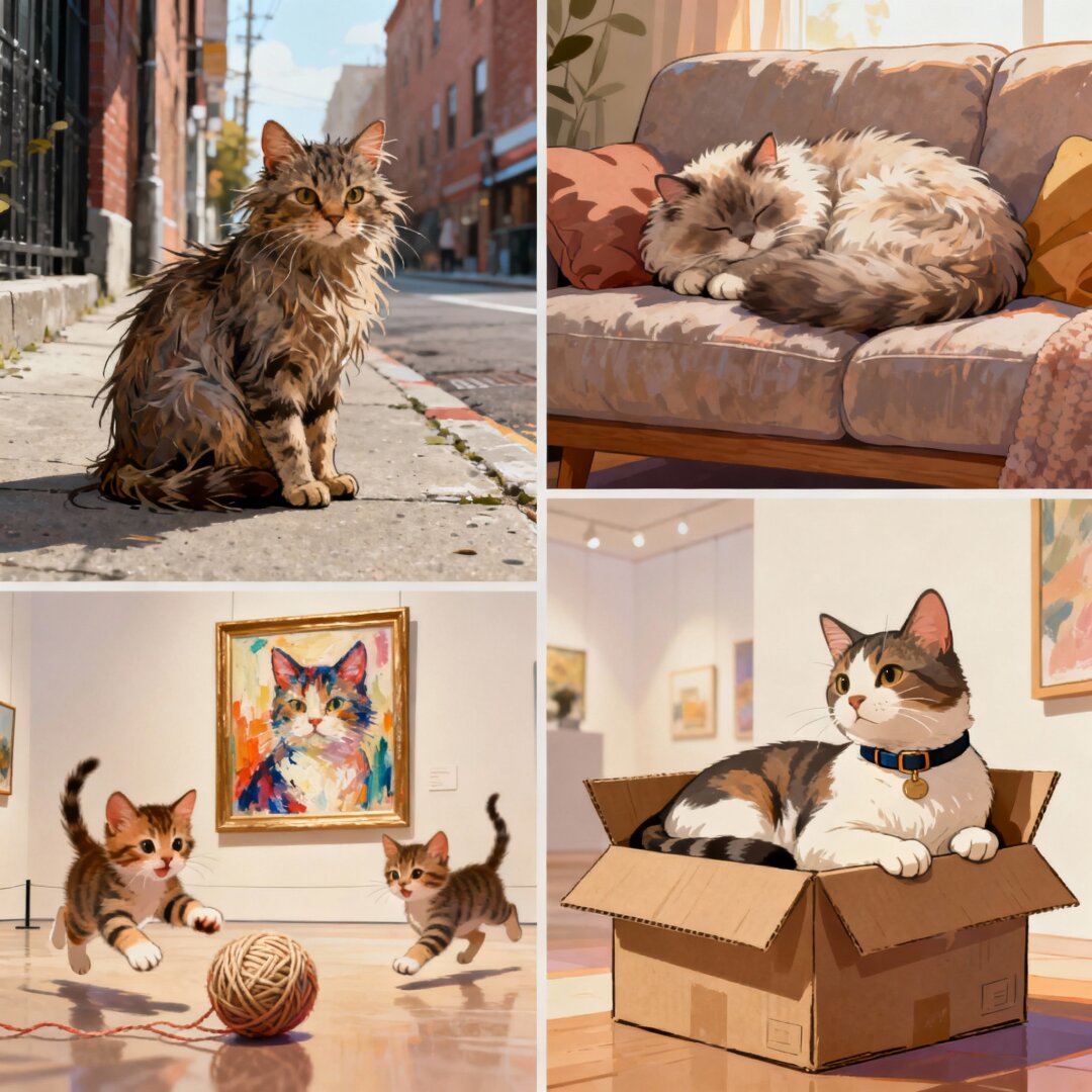 Illustration von fünf verschiedenen Katzen: eine Straßenkatze mit zerzaustem Fell, eine kuschelige Hauskatze, die schlafend auf einem Sofa liegt, zwei spielende Ktten und eine stilisierte gemalte Katze aus einer Kunstausstellung im Hintergrund und eine Katze in einem Karton.