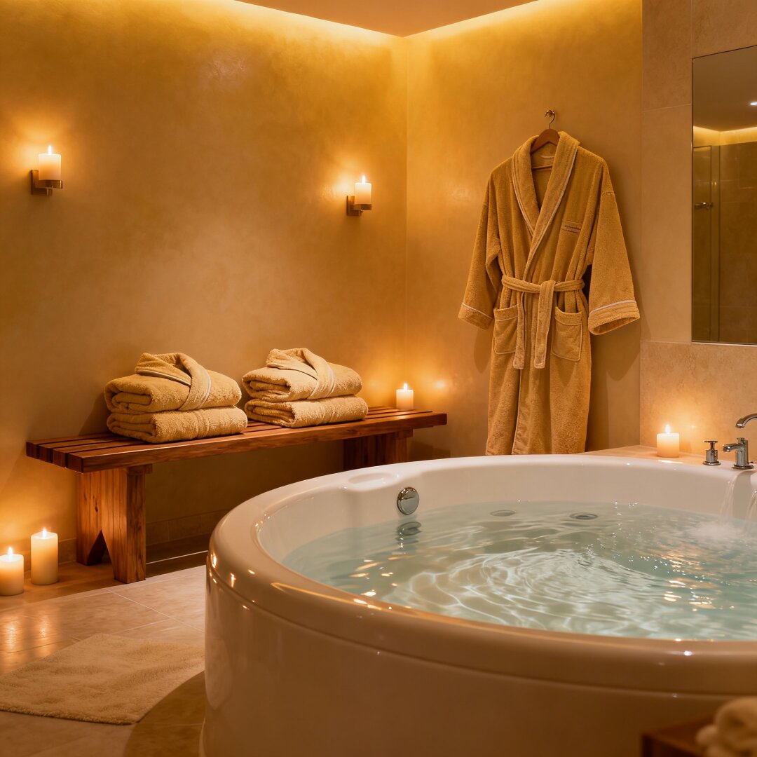 Warmer Gedämpft beleuchtete Wellness-Suite mit sanftem Licht, einer kleinen Sauna, einem Whirlpool und frischen Handtüchern. Eine friedliche Atmosphäre, die Geborgenheit und Entspannung vermittelt.