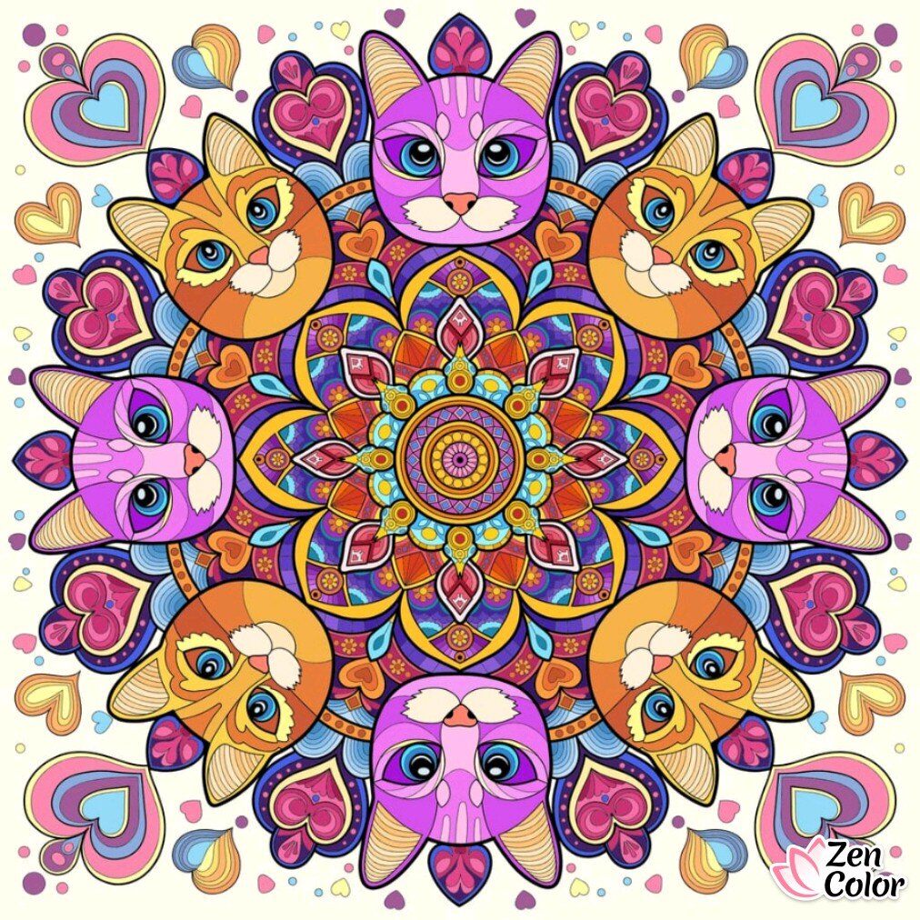 Buntes Mandala mit Katzenköpfen in leuchtenden Farben wie Lila, Pink, Orange und Blau. Die Katzen haben große, ausdrucksvolle Augen und sind symmetrisch rund um ein detailliertes, ornamentales Zentrum angeordnet. Zwischen den Katzenköpfen sind bunte Herzen und Muster eingeflochten, die dem Bild einen verspielten, fröhlichen und meditativen Charakter verleihen.