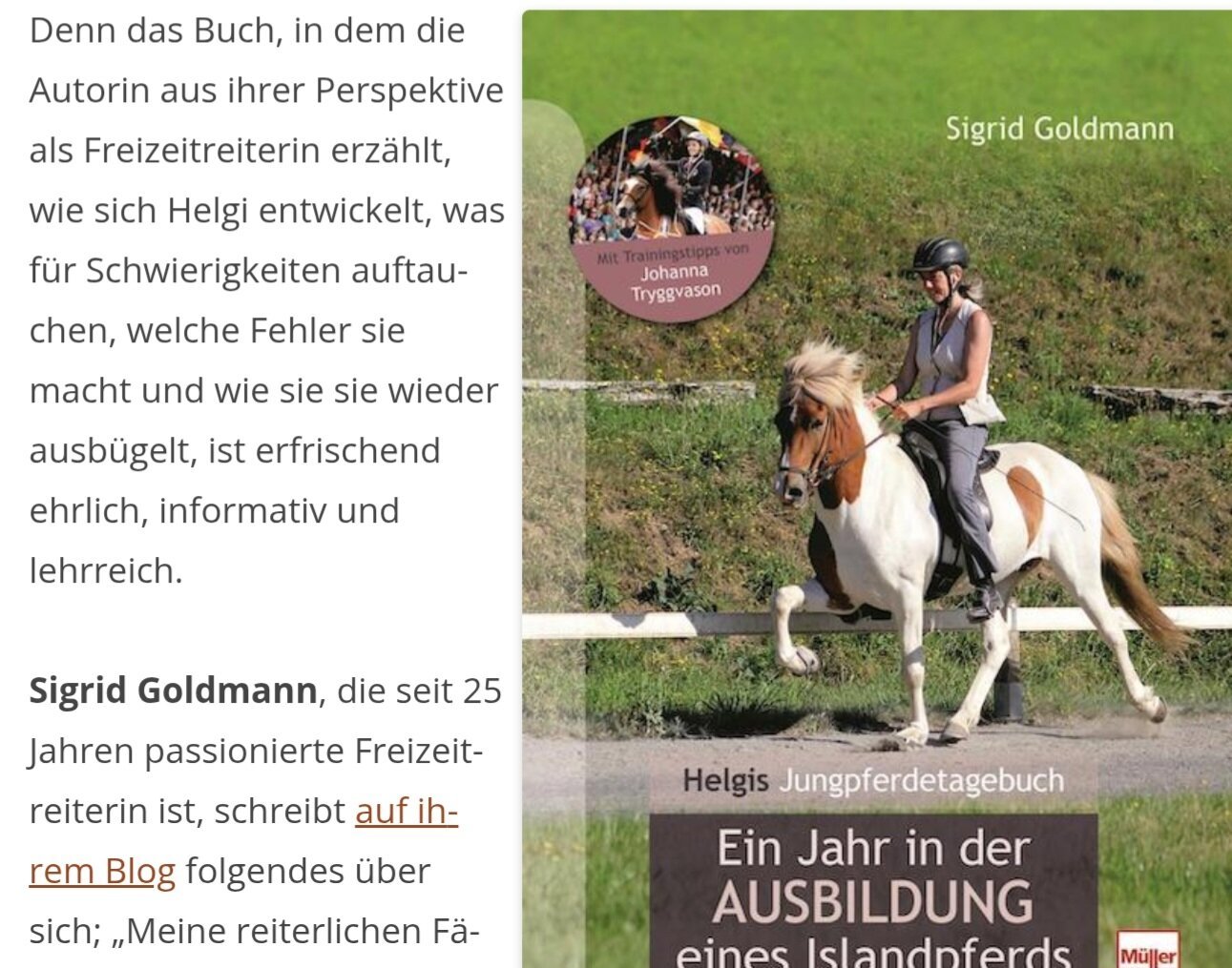 Ein Ausschnitt aus dem Review für Helgis Jungpferdetagebuch, mit dem Titelbild des Buchs. Dort ist ein Islandpferd im Tölt zu sehen