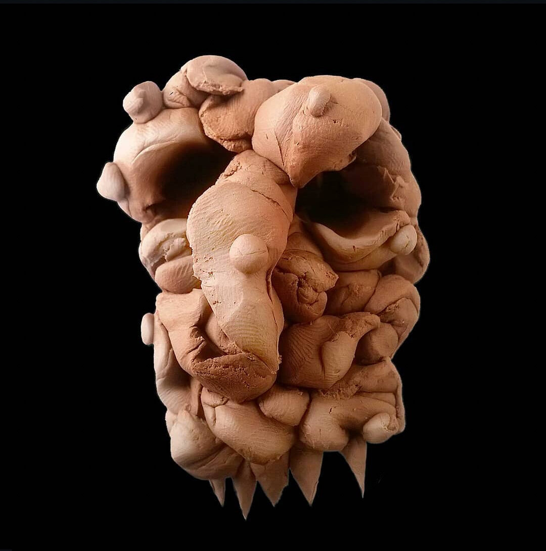 A sculptural portrait made of brown plasticine showing a human head and face in profile view. The clay material has a matte, earthy brown color with visible texture and modeling marks from the sculpting process. The portrait captures facial features including the nose, lips, and eye area, with the plasticine's malleable quality giving the sculpture an organic, hand-worked appearance. The piece is photographed against a black background, emphasizing the brown clay's natural tones and the dimensional qualities of the sculptural work.