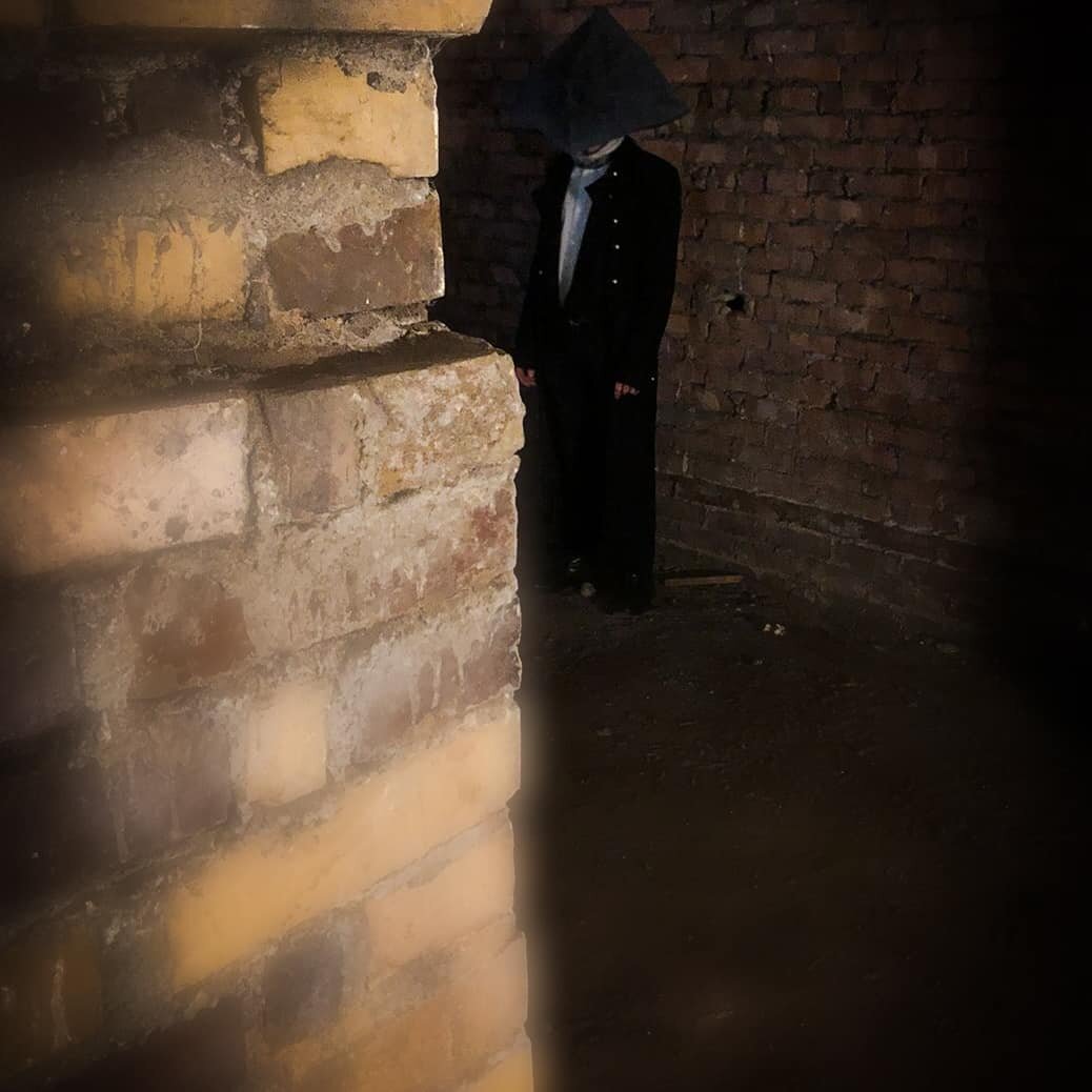 the first evening on the set ... we are filming in the basement. Our double bass player shows just how creepy he can be. #Dtorn #masks #maskmaking #maskmakers #gothic #metal #music