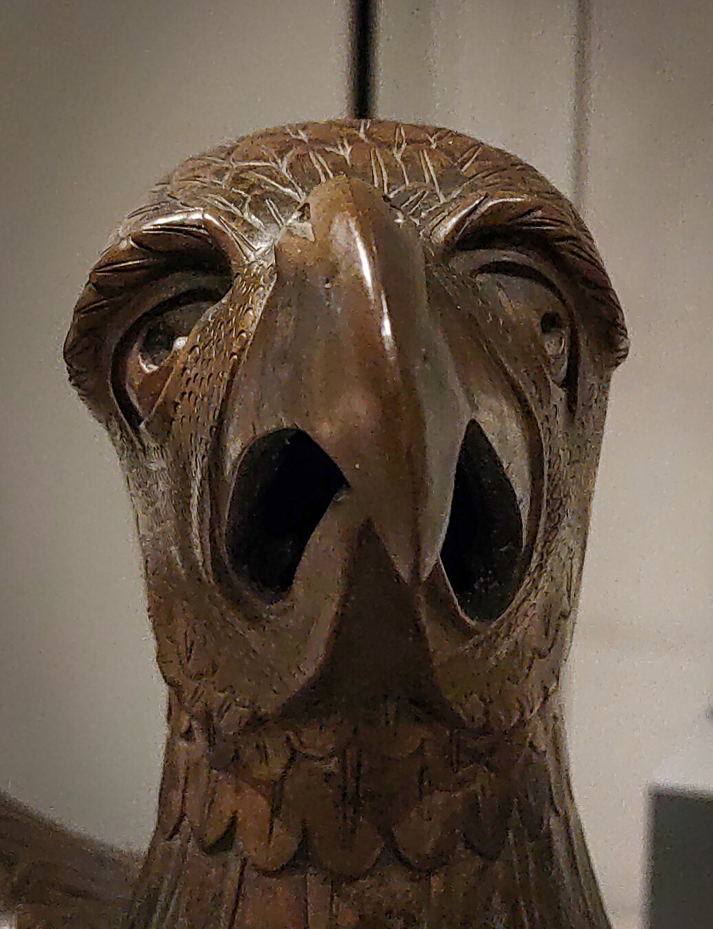 The photo shows the head of a brass-colored eagle from the 16th century. The eagle is squinting, its expression indignant and plaintive.