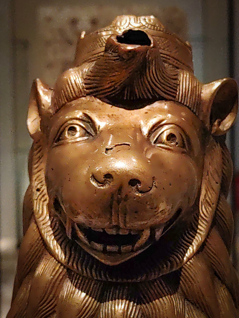 The photo shows the head of a brass-colored lion from the 16th century. The lion's expression is slightly moronic.