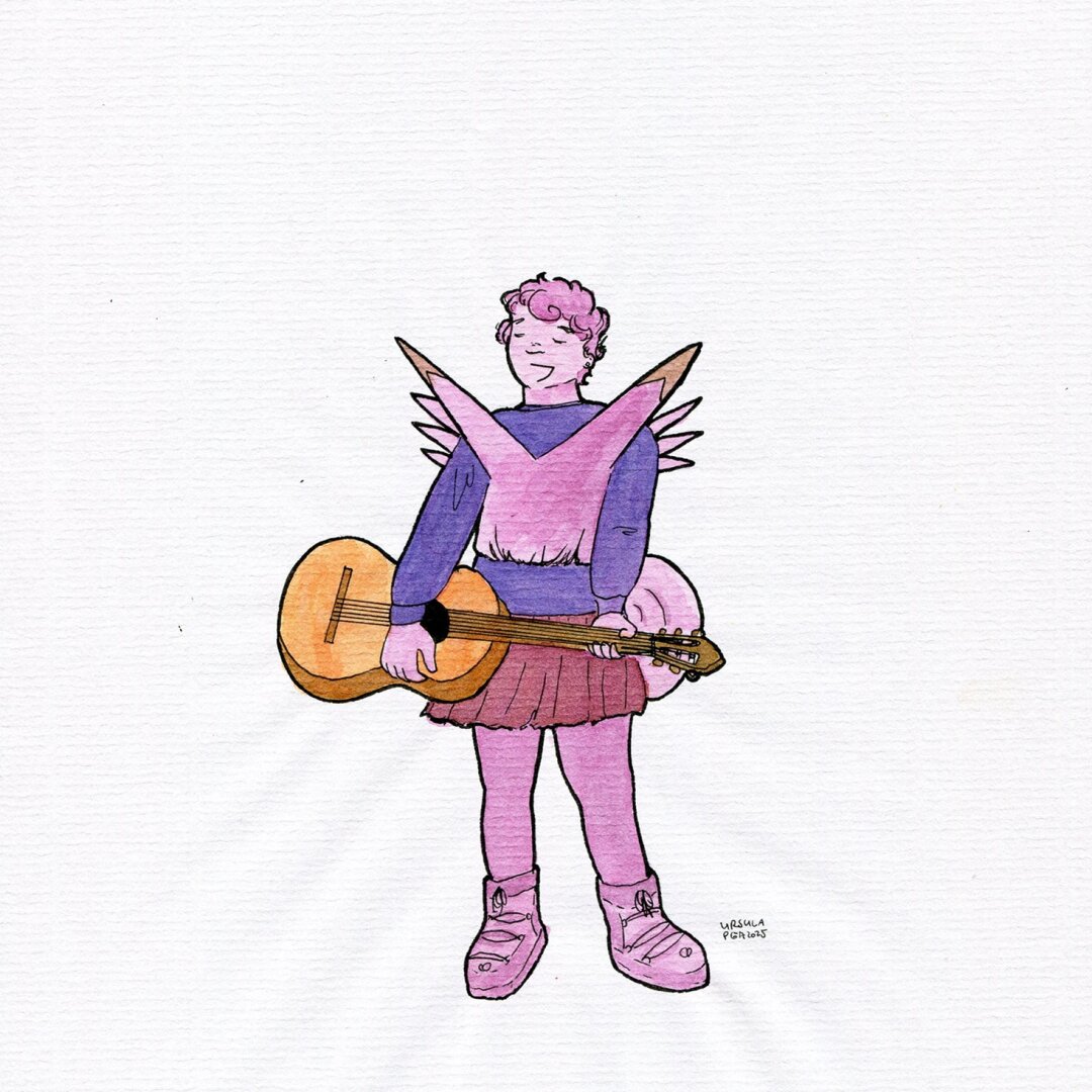 Drawing of a person with two spikes coming from the torso with brown tips, star-shaped wings, a pink hair curl and a curly tail, wearing a dress and trousers and holding a guitar, drawn with ink in pink, violet, red and black outlines