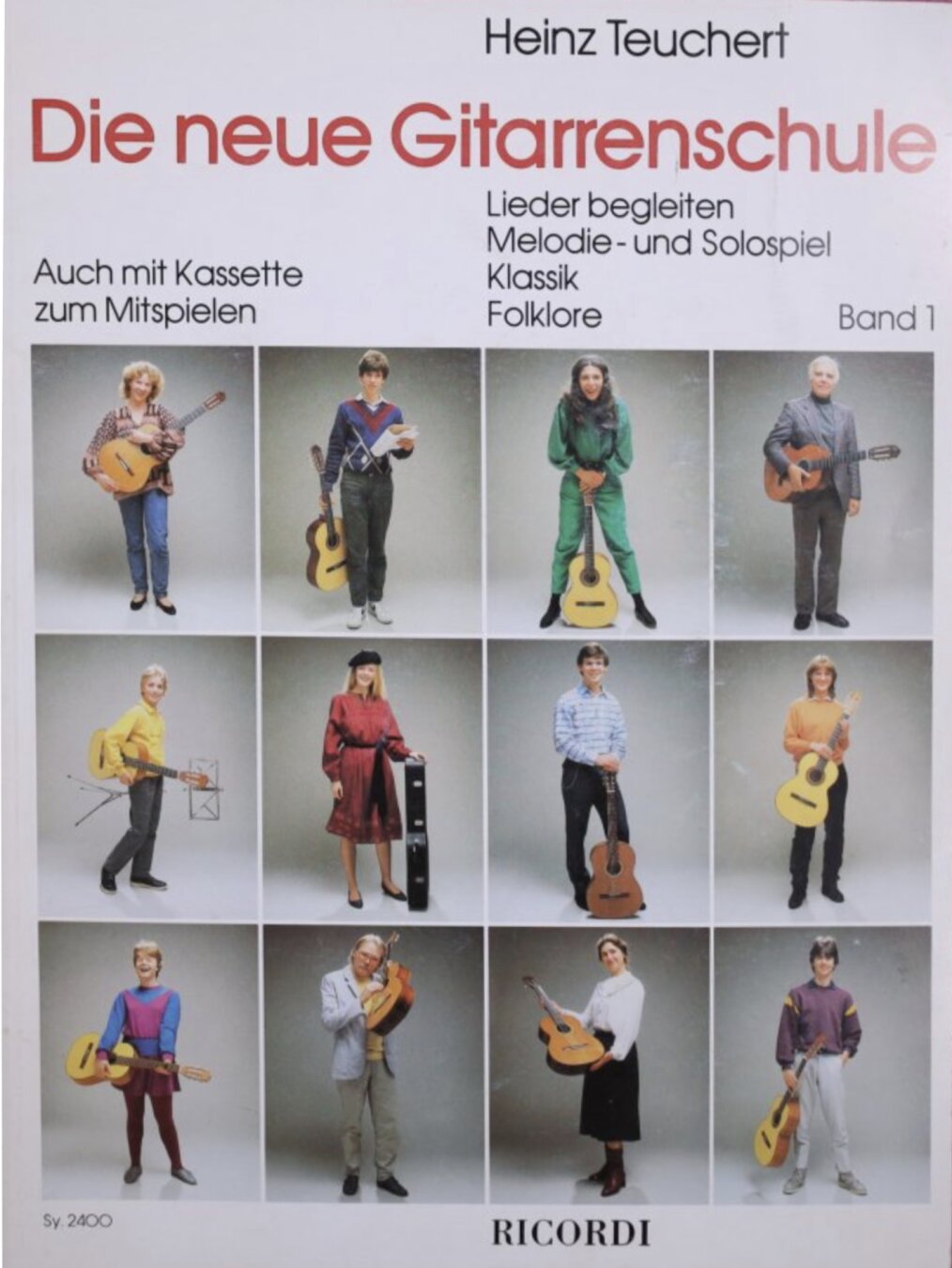 The original book cover of “Die neue Gitarrenschule” by Heinz Teichert with 12 photos of different guitar players on it