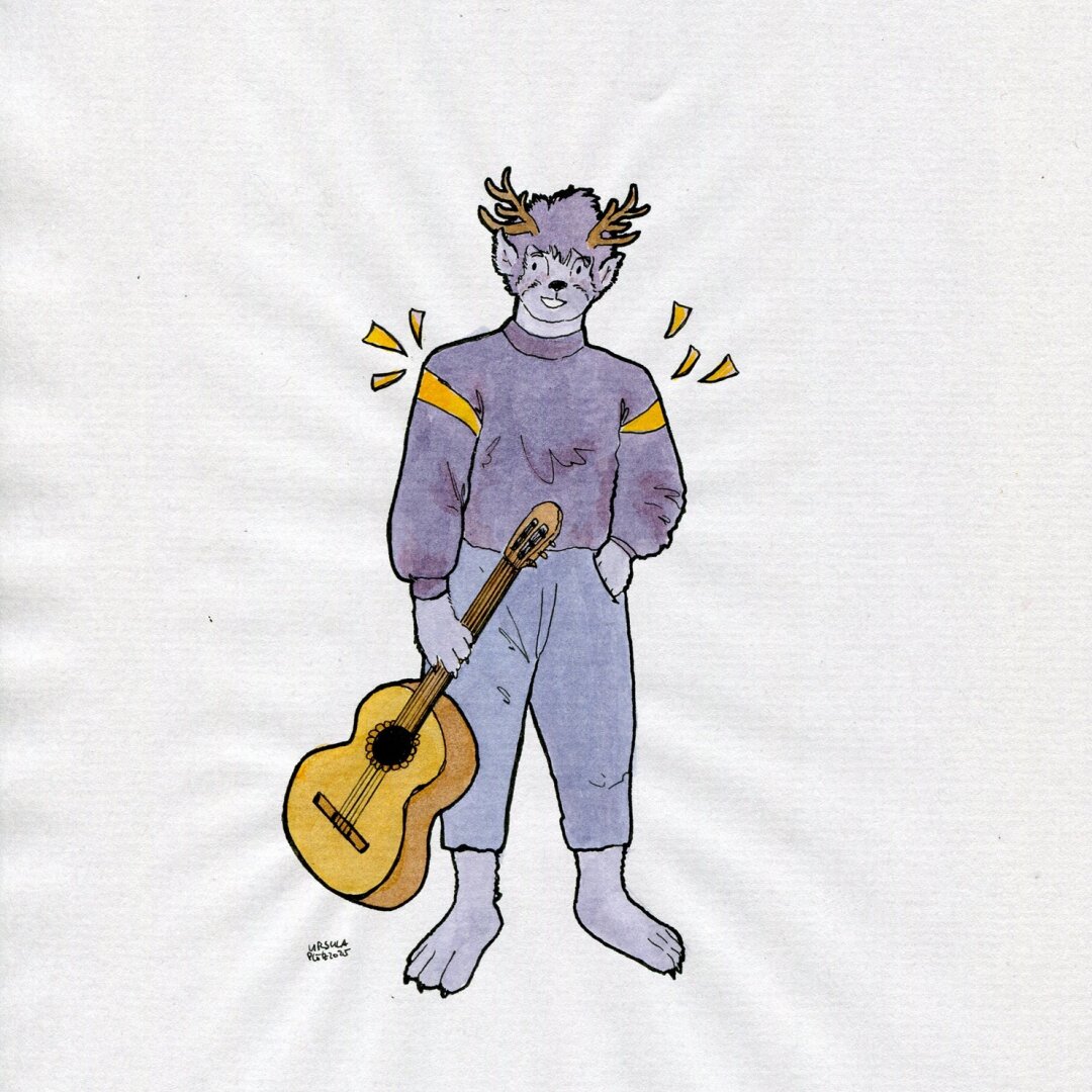 Drawing of a confidently smiling person with antlers and ears and a face like a friendly rabbit, wearing really good sweater with yellow details and holding a guitar, drawn with ink in violet, light blue, muted red and yellow and black outlines.