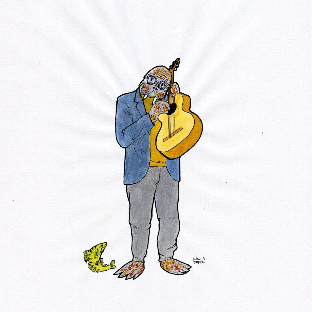 Drawing of a person with a walrus head and fins as hands and feet, wearing glasses and blazer jacket and holding a guitar to their head, drawn with ink in blue, grey, yellowish beige and black outlines. And also there is a zander sitting next to them.