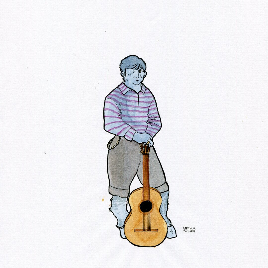 Drawing of a person with horse legs and a scar instead of the right eye, wearing a striped shirt and a ring on one pinky (little finger) leaning on a guitar, drawn with ink in light blue, greyish blue, muted red and black outlines