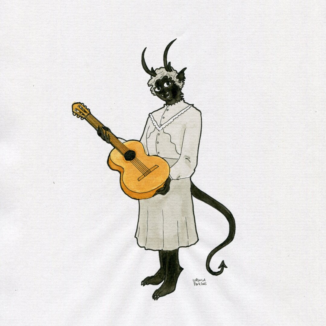 Drawing of a gently smiling person with horns and ears like bats and a tail like nightcrawler, wearing a skirt and a western style blouse and holding a guitar, drawn with ink in sepia in very dark and very light and black outlines.