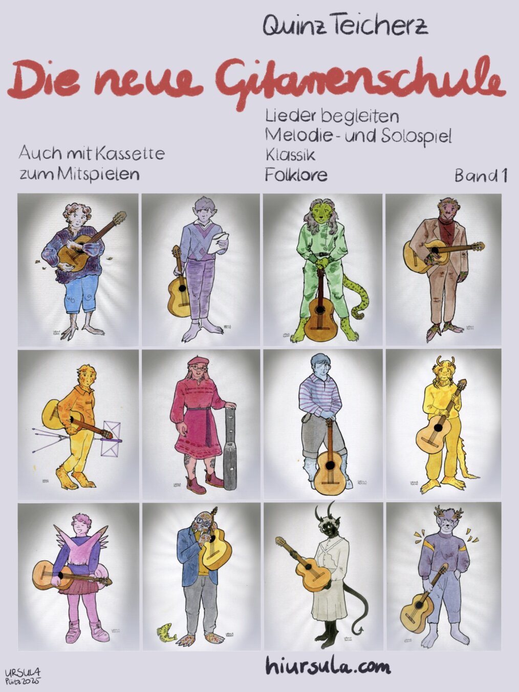 A book cover named “Die neue Gitarrenschule” with 12 supernatural Guitar Players, illustrated with ink