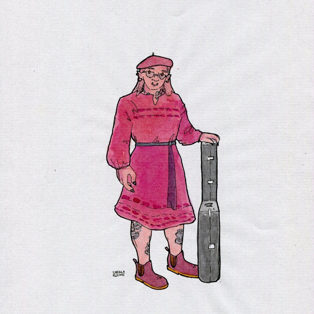 Drawing of an orc, wearing a dress and a beret and glasses leaning on a guitar case, drawn with ink in red, pink, orange and black outlines