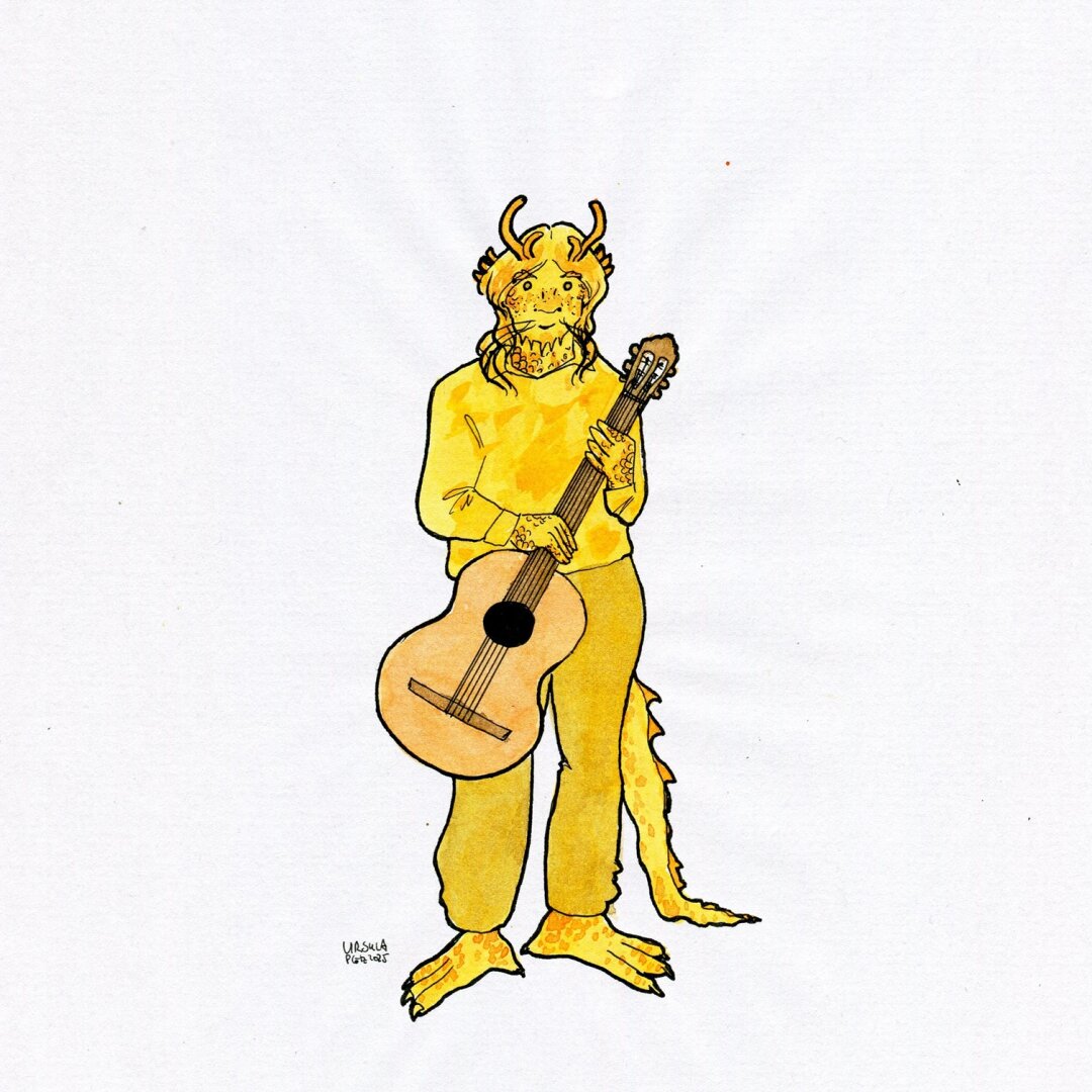 Drawing of a person with small antlers, whiskers, scales, and a spiky tail, wearing a comfortable sweater and trousers and holding a guitar, drawn with ink in yellow, orange, beige and black outlines