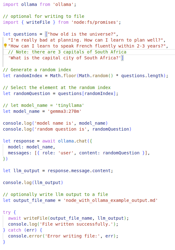 Node.js code to use Ollama