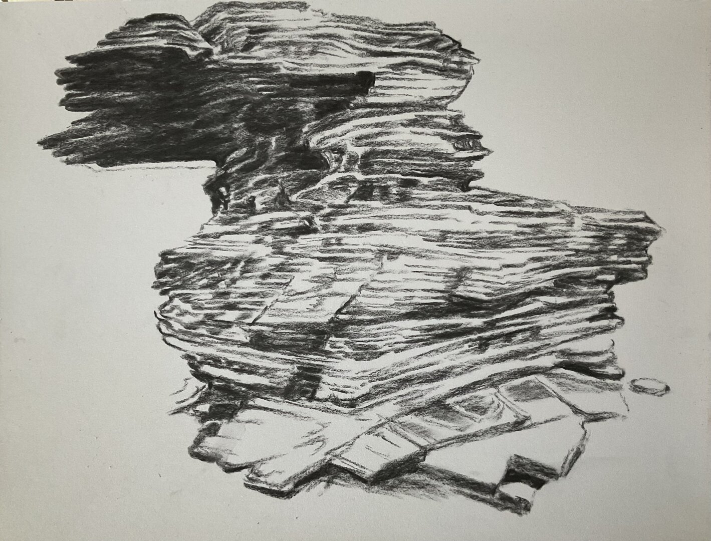 High up on the mountain I found this layered rock, overseeing the Mediterrane sea and parts of Greek Macedonia. It is different from all sides. I like to go up there ones more to study it in color. For now this black and white drawing on light grey pastelmat paper. Made during my residency at Waterandrock residency at Thassos island in Greece. #charcoaldrawing #charcoalsketch #charcoallandscape #charcoalrocks #charcoalrock #stones #rocksandstones #waterandrock #solitude #natureinspired #naturedrawing #pleinairdrawing #pleinairartist #greeknature #thassos #thassosnature #natureinthassos #thassosadventure