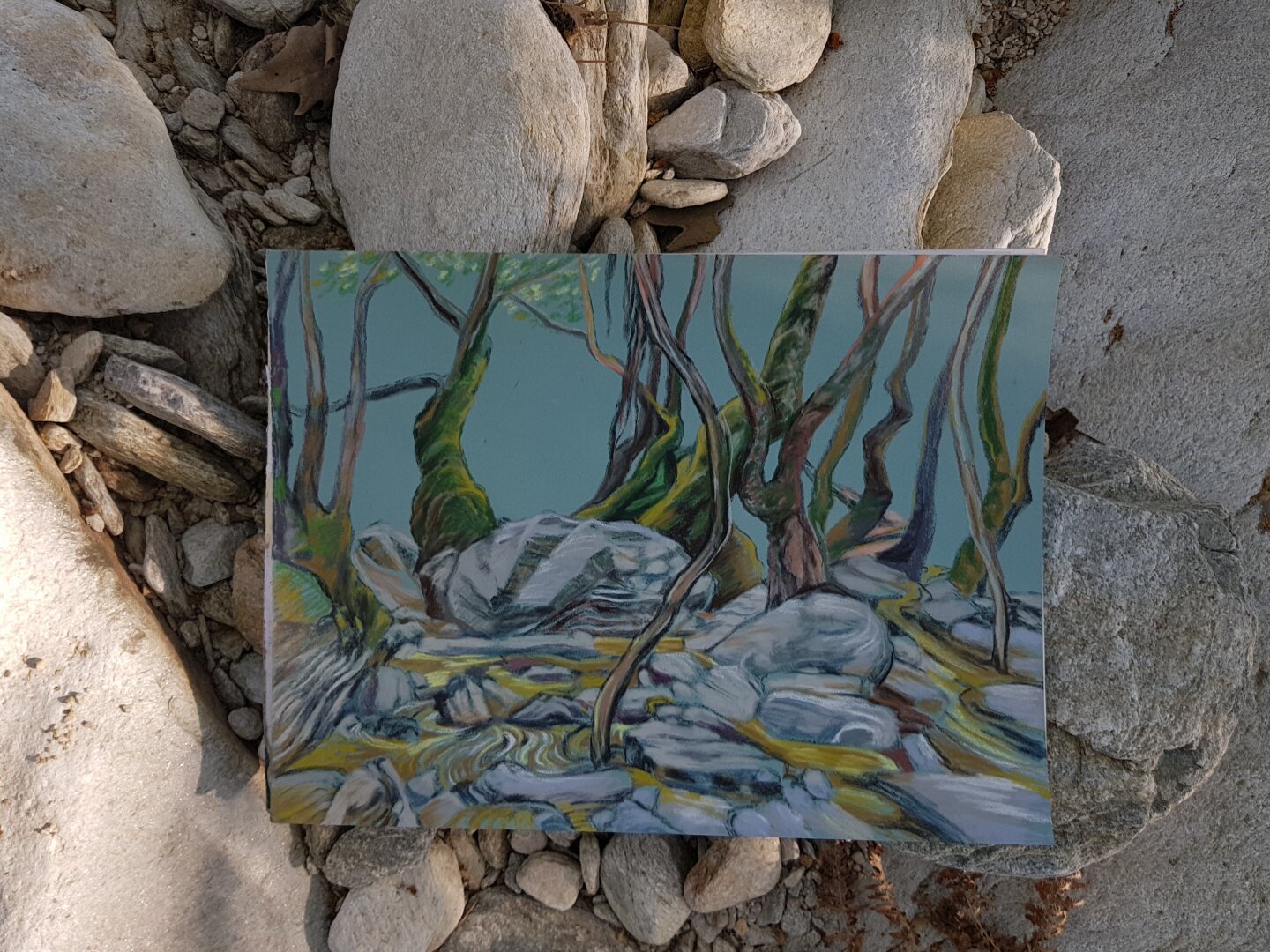 I am drawing outside, so watching my work on the rocks.