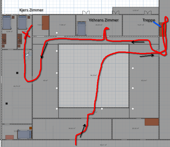 Übersichtsplan des Tempels, auf dem in Rot ein mehrfach verschlungener Weg eingezeichnet ist. Beschriftet sind rechts eine Treppe, eher mittig "Yithrans Raum" und nach einer Kurve links "Kjers Zimmer".