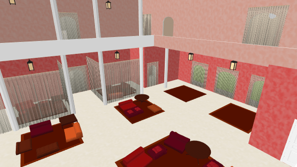 Wieder Blick von erster Etage hinab auf Sitzbereiche, nun einige davon hinter teilweise transparenten Vorhängen. Einfach gerendert.