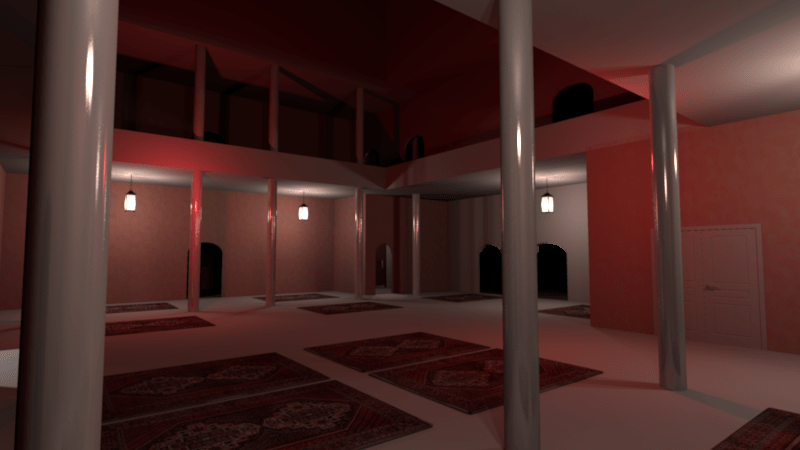 Selbe Perspektive wie in Bild 2, aber die Säulen und einige andere Materialien spiegeln das Licht nun sehr deutlich.